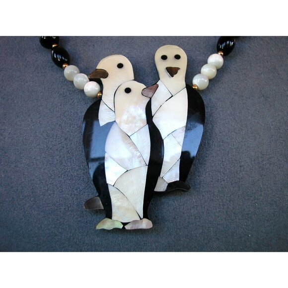 Lee Sands Penguin Trio Lucite Onyx and Mother of Pearl Necklace - Picture 3 of 4